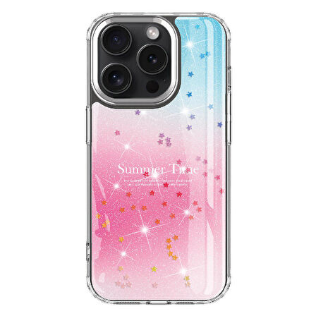 iPhone 15 Pro Uyumlu Simli Desenli Parlak Ensueno Task Kapak-Mavi