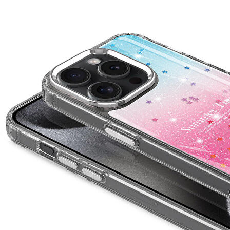 iPhone 15 Pro Uyumlu Simli Desenli Parlak Ensueno Task Kapak-Mavi
