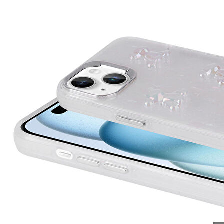 iPhone 15 Uyumlu Kabartma Figürlü Parlak Zore Eralli Silikon Kapak-Kelebek