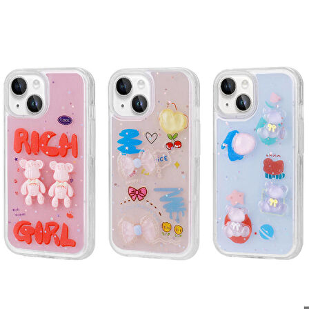 iPhone 14 Uyumlu Kabartma Figürlü Parlak Zore Minimini Silikon Kapak-Pembe