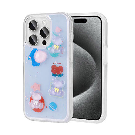 iPhone 15 Pro Uyumlu Kabartma Figürlü Parlak Zore Minimini Silikon Kılıf-Mor