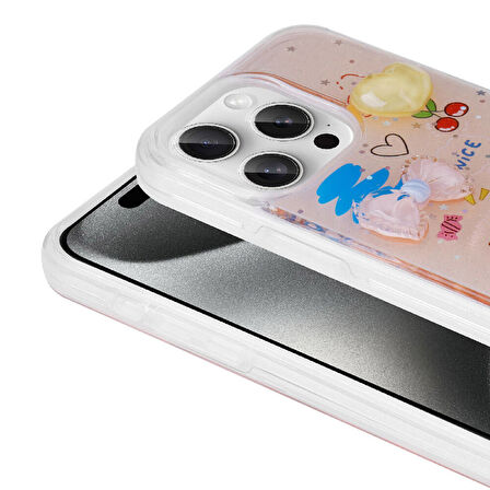 iPhone 15 Pro Max Uyumlu Kabartma Figürlü Parlak Zore Minimini Silikon Kılıf-Pembe