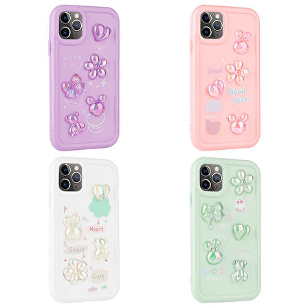 iPhone 11 Pro Max Uyumlu Kabartma Figürlü Parlak Zore Toys Silikon Kılıf-Pembe