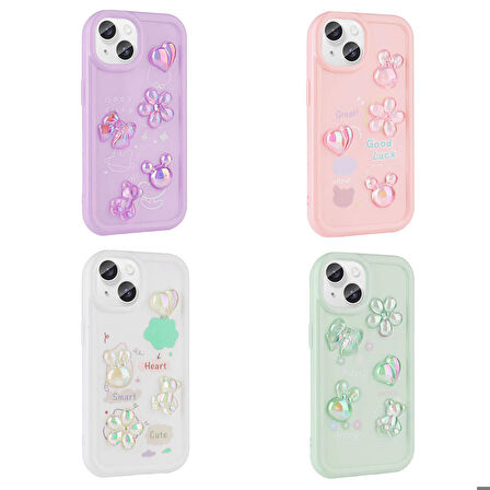 iPhone 13 Uyumlu Kabartma Figürlü Parlak Zore Toys Silikon Kapak-Pembe
