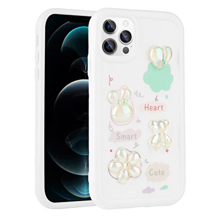 Apple iPhone 13 Pro Max Kılıf Kabartma Figürlü Parlak Zore Toys Silikon Kapak-Beyaz
