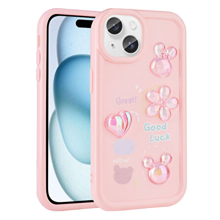 iPhone 14 Plus Uyumlu Kabartma Figürlü Parlak Zore Toys Silikon Kılıf-Pembe
