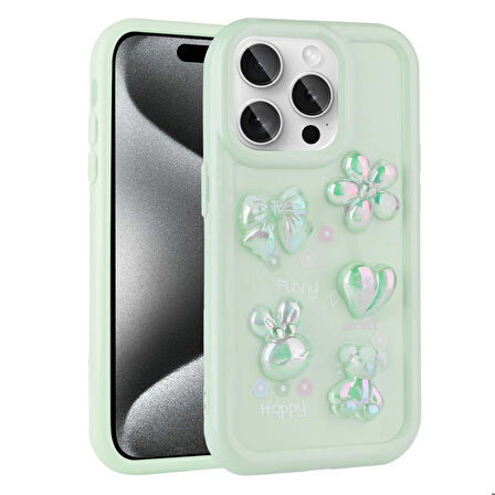 iPhone 14 Pro Uyumlu Kabartma Figürlü Parlak Ensueno Toys Silikon Kapak-Açık Yeşil
