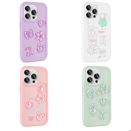 iPhone 14 Pro Uyumlu Kabartma Figürlü Parlak Ensueno Toys Silikon Kapak-Açık Yeşil
