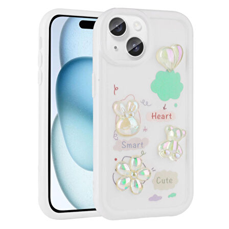 iPhone 15 Uyumlu Kabartma Figürlü Parlak Zore Toys Silikon Kapak-Beyaz