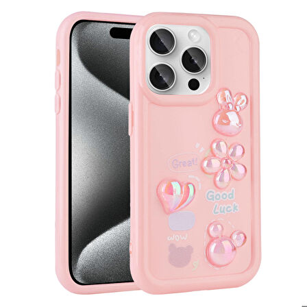 iPhone 15 Pro Uyumlu Kabartma Figürlü Parlak Zore Toys Silikon Kapak-Pembe