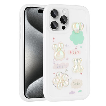 iPhone 15 Pro Max Uyumlu Kabartma Figürlü Parlak Zore Toys Silikon Kılıf-Beyaz