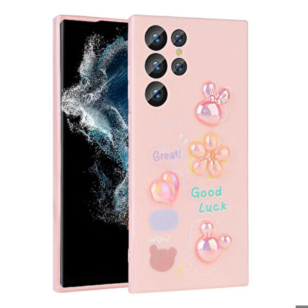 Galaxy S22 Ultra Uyumlu Kabartma Figürlü Parlak Ensueno Toys Silikon Kapak-Pembe