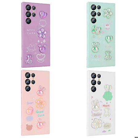 Galaxy S22 Ultra Uyumlu Kabartma Figürlü Parlak Ensueno Toys Silikon Kapak-Pembe