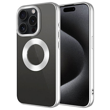 iPhone 15 Pro Uyumlu Tek Kamera Çerçeveli Logo Gösteren Zore Omega Kılıf-Gümüş