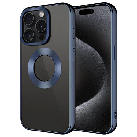 iPhone 15 Pro Uyumlu Tek Kamera Çerçeveli Logo Gösteren Zore Omega Kapak-Lacivert