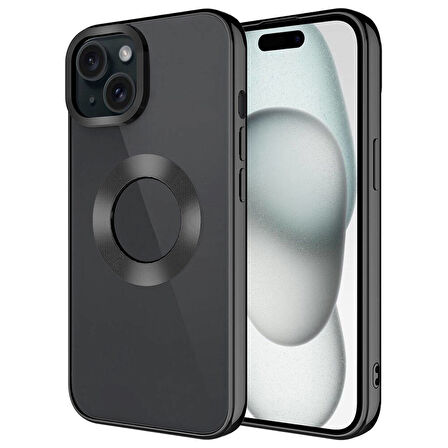 iPhone 15 Plus Uyumlu Tek Kamera Çerçeveli Logo Gösteren Zore Omega Kılıf-Siyah