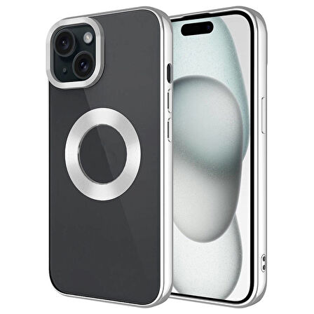 iPhone 15 Plus Uyumlu Tek Kamera Çerçeveli Logo Gösteren Zore Omega Kılıf-Gümüş