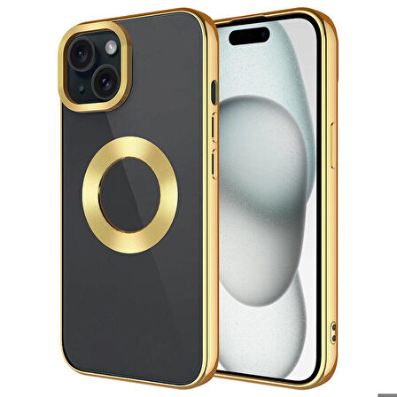 iPhone 15 Plus Uyumlu Tek Kamera Çerçeveli Logo Gösteren Ensueno Omega Kapak-Gold