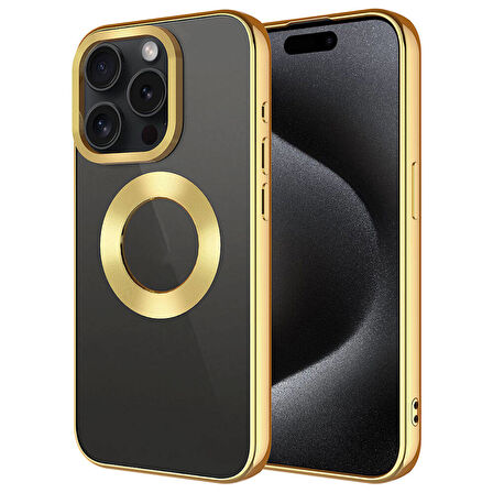 iPhone 15 Pro Max Uyumlu Tek Kamera Çerçeveli Logo Gösteren Zore Omega Kılıf-Gold