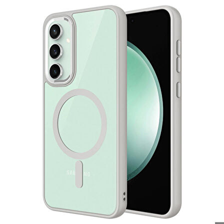 Galaxy S23 FE Uyumlu Wireless Şarj Özellikli Zore Krom Magsafe Silikon Kapak-Gri