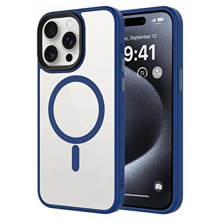iPhone 15 Pro Max Uyumlu Mat Arka Yüzey Wireless Şarj Özellikli Zore Flet Magsafe Kapak-Midnig