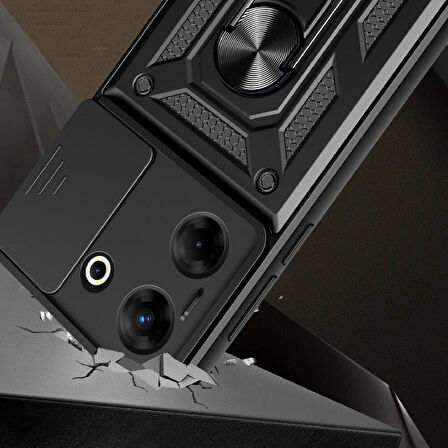Tecno Camon 20 Pro 4G Kılıf Magnetik Standlı Kamera Korumalı Zore Sürgülü Vega Kapak-Siyah