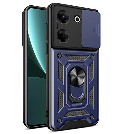 Tecno Camon 20 Pro 4G Kılıf Magnetik Standlı Kamera Korumalı Zore Sürgülü Vega Kapak-Mavi