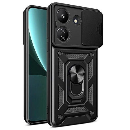 Xiaomi Poco C65 Kılıf Magnetik Standlı Kamera Korumalı Zore Sürgülü Vega Kapak-Siyah