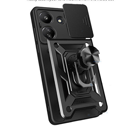 Xiaomi Poco C65 Kılıf Magnetik Standlı Kamera Korumalı Zore Sürgülü Vega Kapak-Siyah