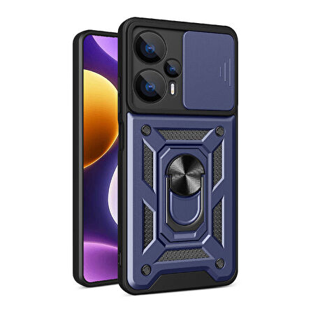 Xiaomi Poco F5 Kılıf Magnetik Standlı Kamera Korumalı Zore Sürgülü Vega Kapak-Mavi