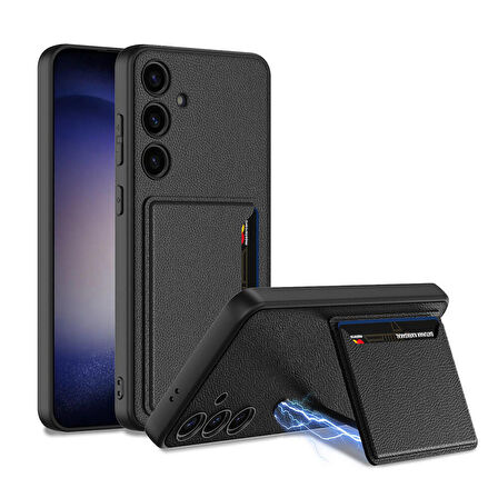 Galaxy S24 Suni Deri Arka Yüzey Sürgülü Kamera Korumalı Kartlıklı Kıpta Silikon Kapak