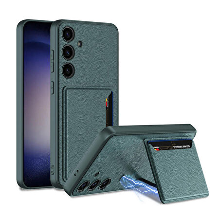 Galaxy S24 Plus Suni Deri Arka Yüzey Sürgülü Kamera Korumalı Kartlıklı Kıpta Silikon Kılıf