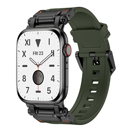 Watch 44mm CLO- KRD-101 Titanyum Metal Başlıklı Silikon Kordon-Siyah-Yeşil