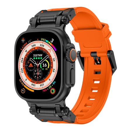 Watch Ultra 49mm Uyumlu CLO- KRD-101 Titanyum Metal Başlıklı Silikon Kordon-Siyah-Turuncu