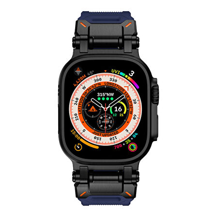 Watch Ultra 49mm Uyumlu CLO- KRD-101 Titanyum Metal Başlıklı Silikon Kordon-Siyah