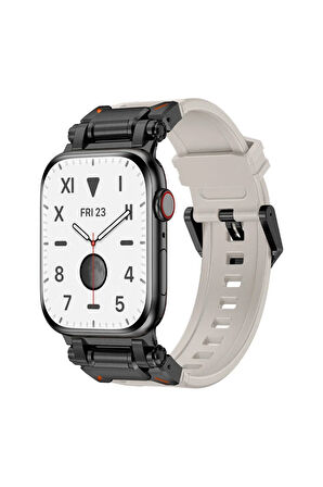 Apple Watch 7 45mm Ens Krd-101 Titanyum Metal Başlıklı Silikon Kordon-siyah-turuncu