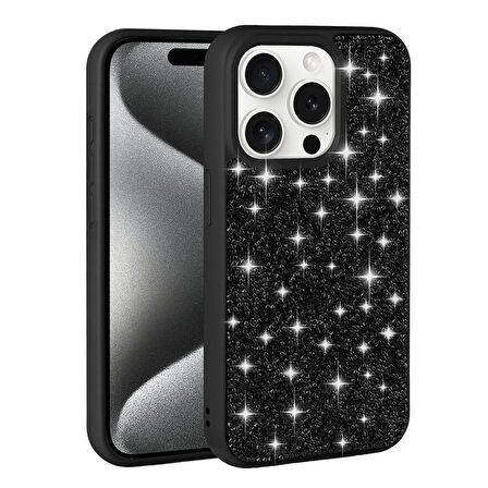 iPhone 15 Pro Uyumlu Parlak Taşlı Tasarım Pırlanta Zore Kapak-Siyah