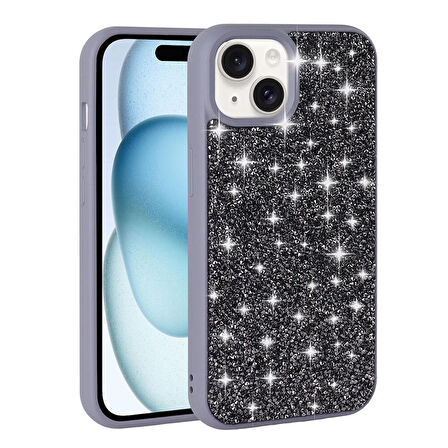 iPhone 15 Plus Uyumlu Parlak Taşlı Tasarım Pırlanta Zore Kapak-Gri