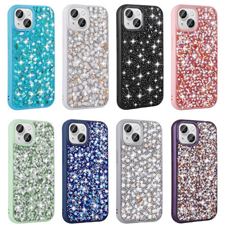 Apple iPhone 15 Kılıf Parlak Taşlı Tasarım Zore Linea Kapak-Gümüş