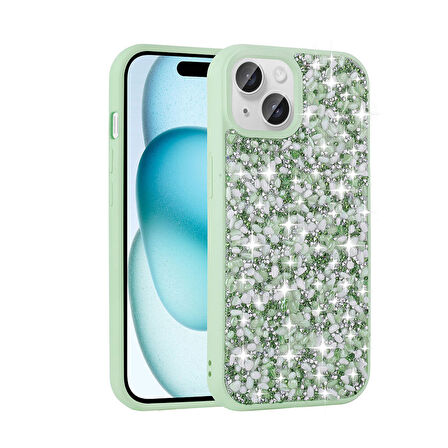 Apple iPhone 15 Kılıf Parlak Taşlı Tasarım Zore Linea Kapak-Açık Yeşil