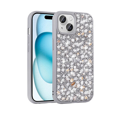 Apple iPhone 15 Plus Kılıf Parlak Taşlı Tasarım Zore Linea Kapak-Gümüş