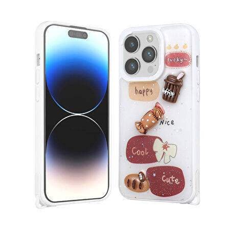 iPhone 14 Pro Kılıf Parlayan Sıvılı Simli Kabartma Figürlü Zore Cevze Kapak-Beyaz