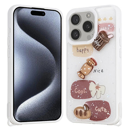 Apple iPhone 15 Pro Kılıf Parlayan Sıvılı Simli Kabartma Figürlü Zore Cevze Kapak-Beyaz