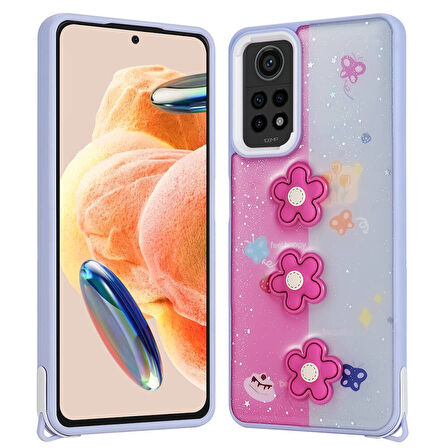 Xiaomi Redmi Note 12 Pro 4G Kılıf Parlayan Sıvılı Simli Kabartma Figürlü Ensueno Cevze Kapak-Mor Papaty