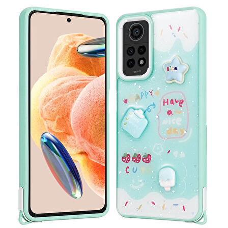 Redmi Note 12 Pro 4G Kılıf Parlayan Sıvılı Simli Kabartma Figürlü Zore Cevze Kapak-Yeşil