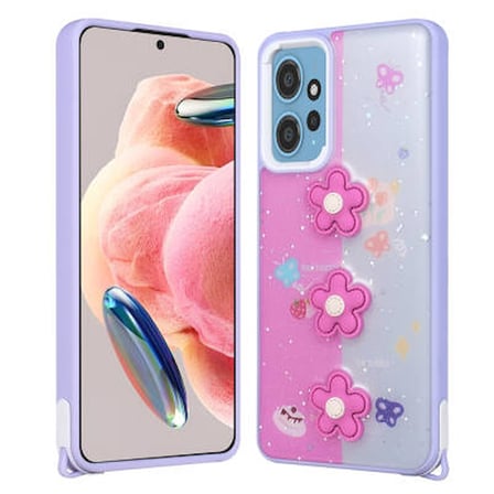 Lexroo Xiaomi Redmi Note 12 4G Parlayan Simli Kabartma Figürlü Cevze TPU Kılıf - Mor Papatya