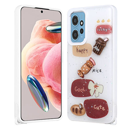 Xiaomi Redmi Note 12 4G Kılıf Parlayan Sıvılı Simli Kabartma Figürlü Zore Cevze Kapak-Beyaz
