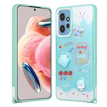 Redmi Note 12 4G Kılıf Parlayan Sıvılı Simli Kabartma Figürlü Zore Cevze Kapak-Yeşil
