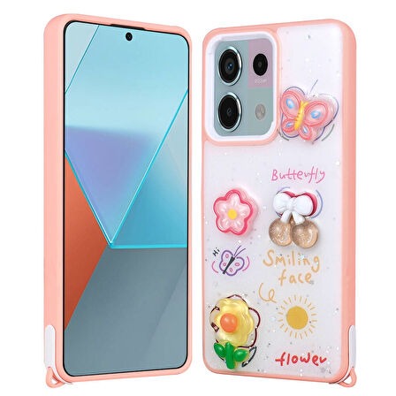Xiaomi Redmi Note 13 Pro 5G Kılıf Parlayan Sıvılı Simli Kabartma Figürlü Zore Cevze Kapak-Pembe