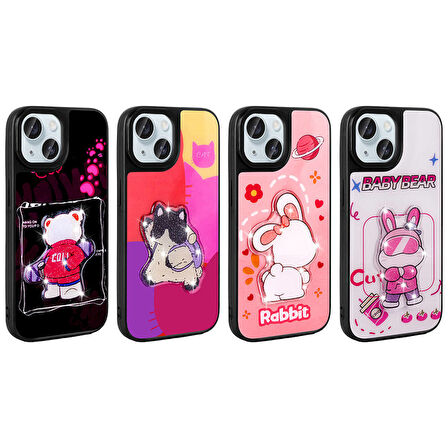 Apple iPhone 14 Kılıf Parlayan Kabartmalı İkonik Figürlü Zore Amas Silikon Kapak-Mor